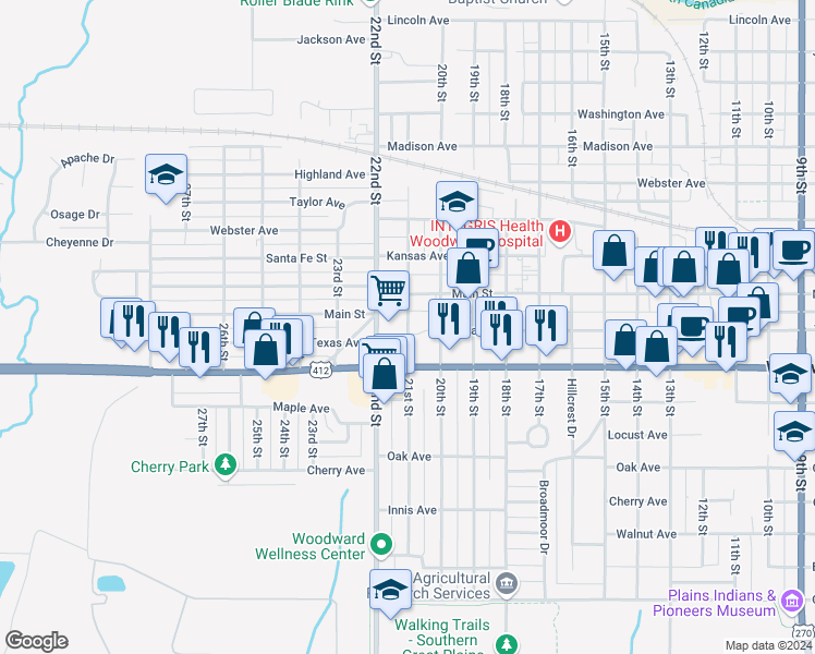 map of restaurants, bars, coffee shops, grocery stores, and more near 1199 21st Street in Woodward
