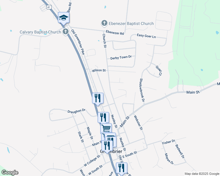 map of restaurants, bars, coffee shops, grocery stores, and more near Church Street in Greenbrier