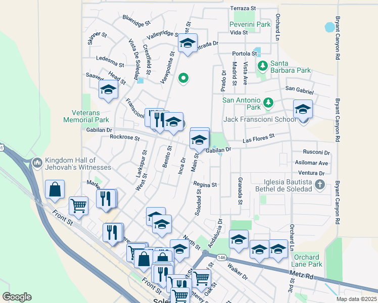 map of restaurants, bars, coffee shops, grocery stores, and more near 142 Inca Drive in Soledad