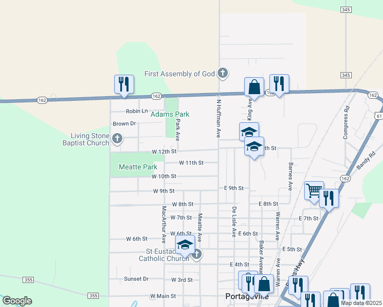 map of restaurants, bars, coffee shops, grocery stores, and more near 203 West 12th Street in Portageville