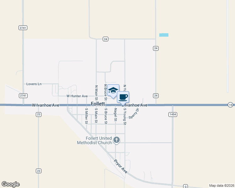 map of restaurants, bars, coffee shops, grocery stores, and more near 300 East Hunter Avenue in Follett