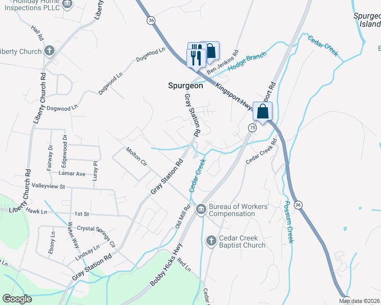 map of restaurants, bars, coffee shops, grocery stores, and more near 306 Autumn Creek Lane in Gray