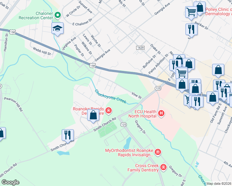 map of restaurants, bars, coffee shops, grocery stores, and more near 611 Vine Street in Roanoke Rapids