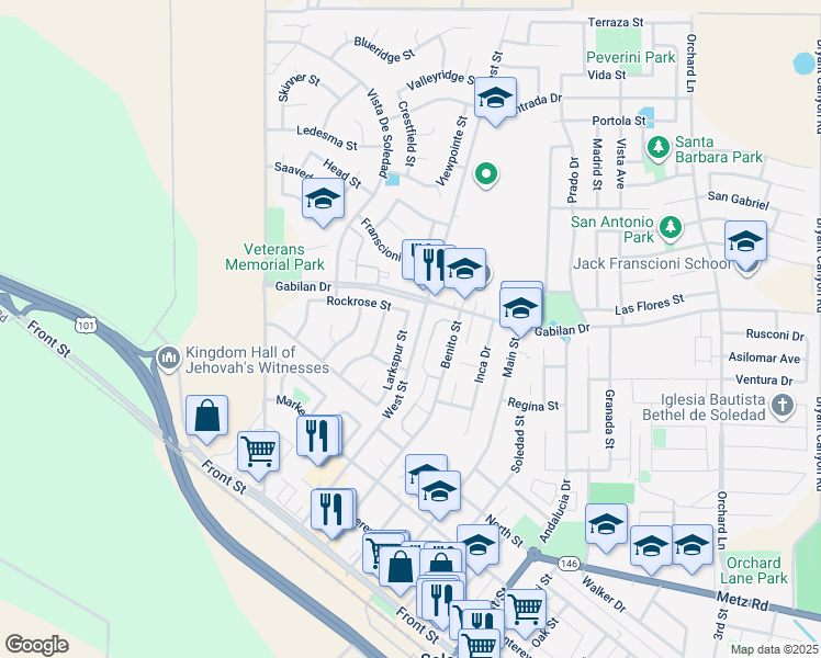 map of restaurants, bars, coffee shops, grocery stores, and more near 668 Larkspur Street in Soledad