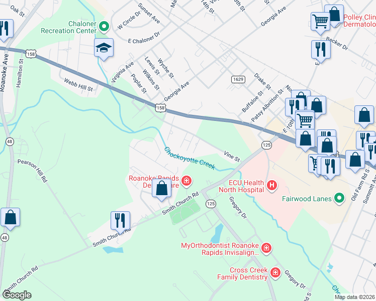 map of restaurants, bars, coffee shops, grocery stores, and more near 114 Prince Street in Roanoke Rapids