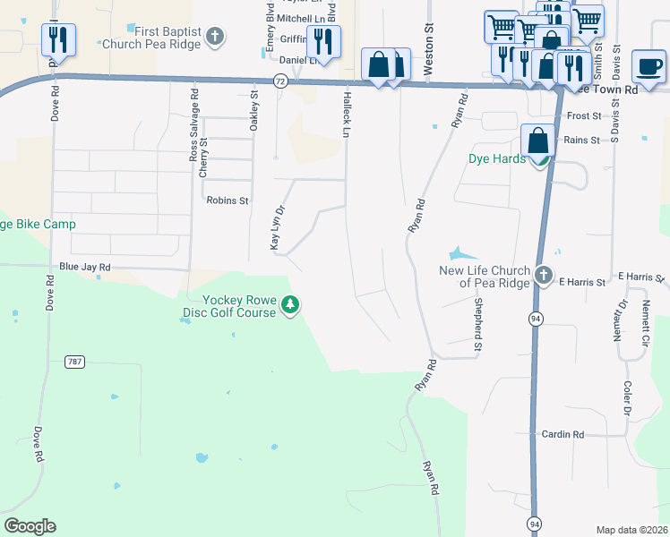 map of restaurants, bars, coffee shops, grocery stores, and more near 833 Hallack Ln in Pea Ridge