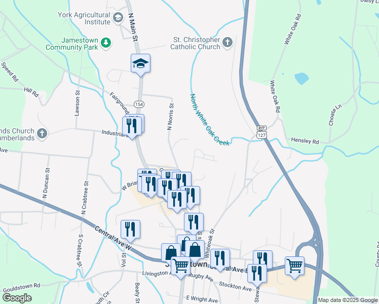 map of restaurants, bars, coffee shops, grocery stores, and more near 220 Chapman Road in Jamestown