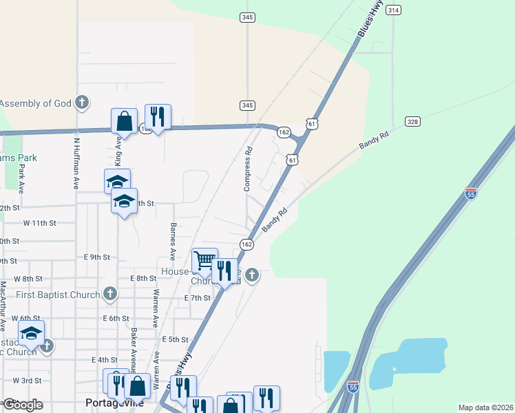 map of restaurants, bars, coffee shops, grocery stores, and more near Compress Road in Portageville