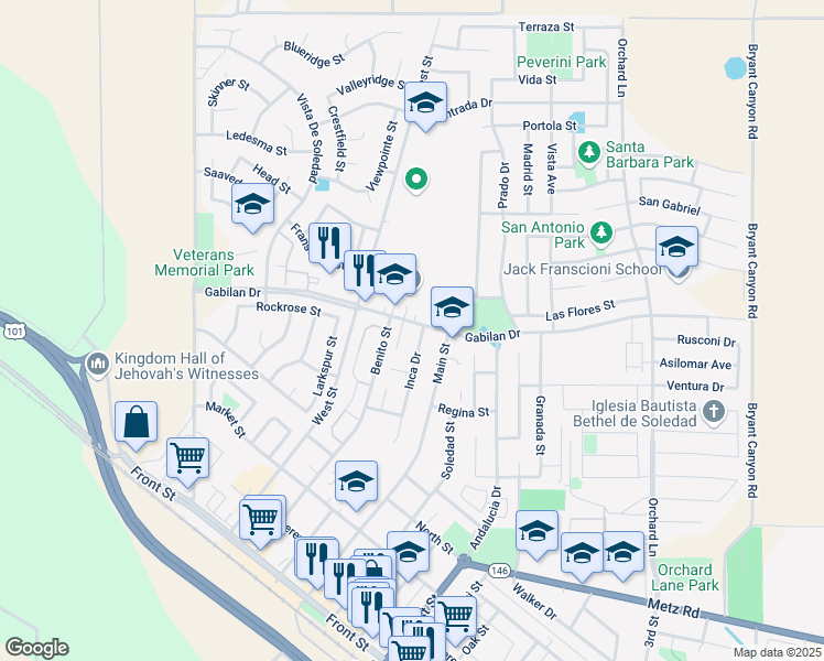 map of restaurants, bars, coffee shops, grocery stores, and more near 142 Inca Drive in Soledad