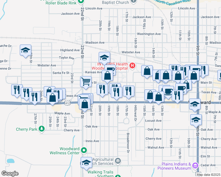 map of restaurants, bars, coffee shops, grocery stores, and more near 1822 Texas Avenue in Woodward
