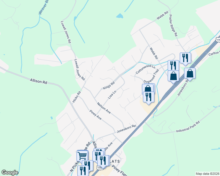 map of restaurants, bars, coffee shops, grocery stores, and more near 217 Lisa Lane in Piney Flats