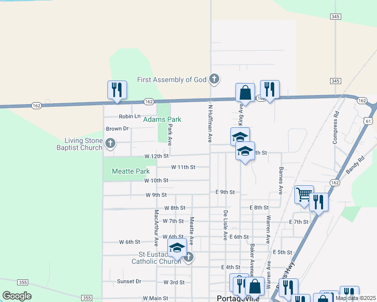 map of restaurants, bars, coffee shops, grocery stores, and more near 203 West 12th Street in Portageville