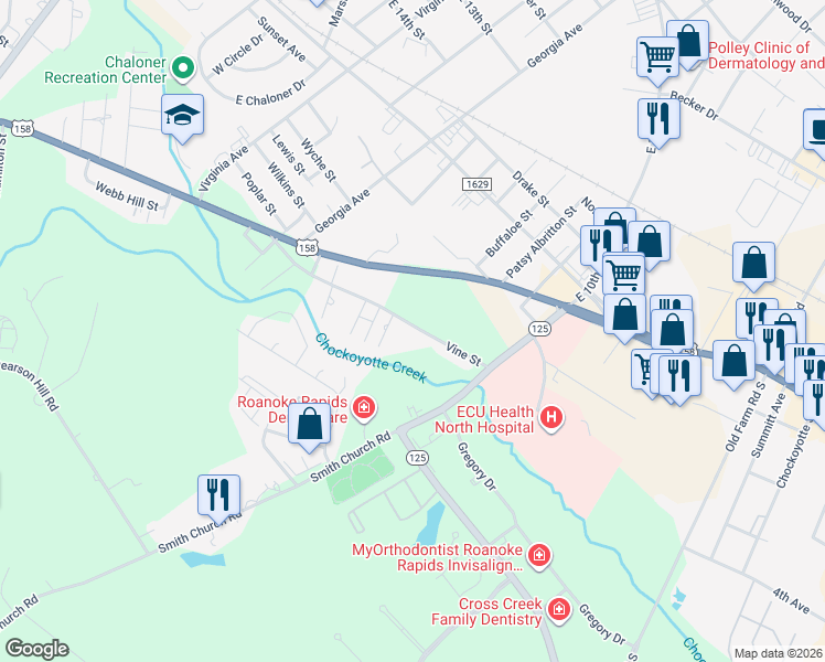 map of restaurants, bars, coffee shops, grocery stores, and more near 611 Vine Street in Roanoke Rapids