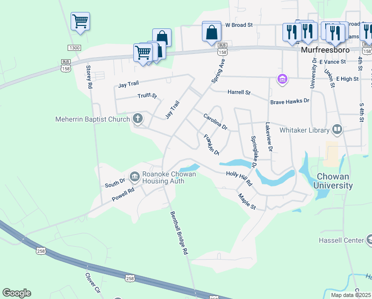 map of restaurants, bars, coffee shops, grocery stores, and more near 633 Woodland Drive in Murfreesboro