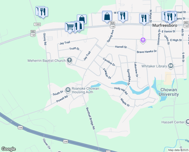 map of restaurants, bars, coffee shops, grocery stores, and more near 633 Woodland Drive in Murfreesboro