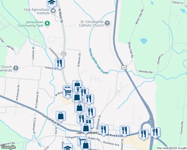map of restaurants, bars, coffee shops, grocery stores, and more near 220 Chapman Road in Jamestown
