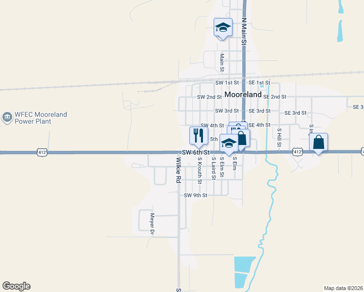 map of restaurants, bars, coffee shops, grocery stores, and more near 501 Southwest 6th Street in Mooreland