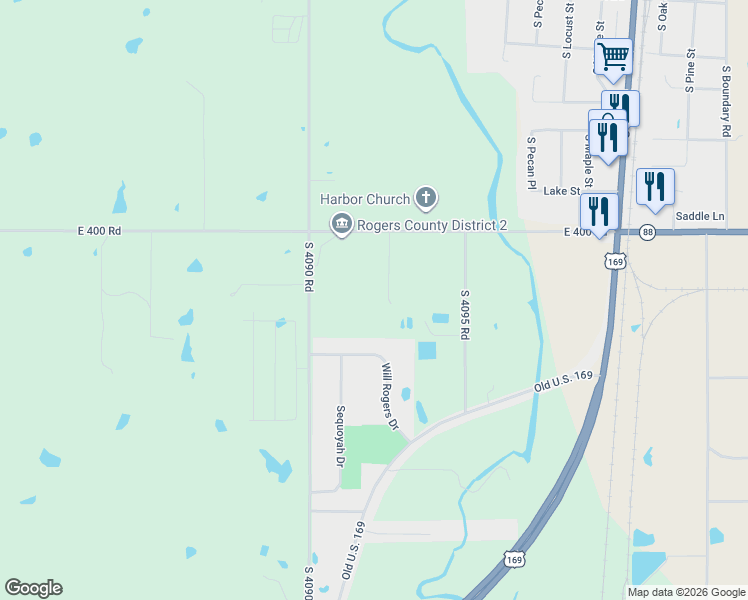 map of restaurants, bars, coffee shops, grocery stores, and more near 882 Will Rogers Drive in Oologah