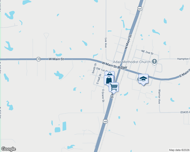 map of restaurants, bars, coffee shops, grocery stores, and more near 402 Southwest 2nd Street in Adair