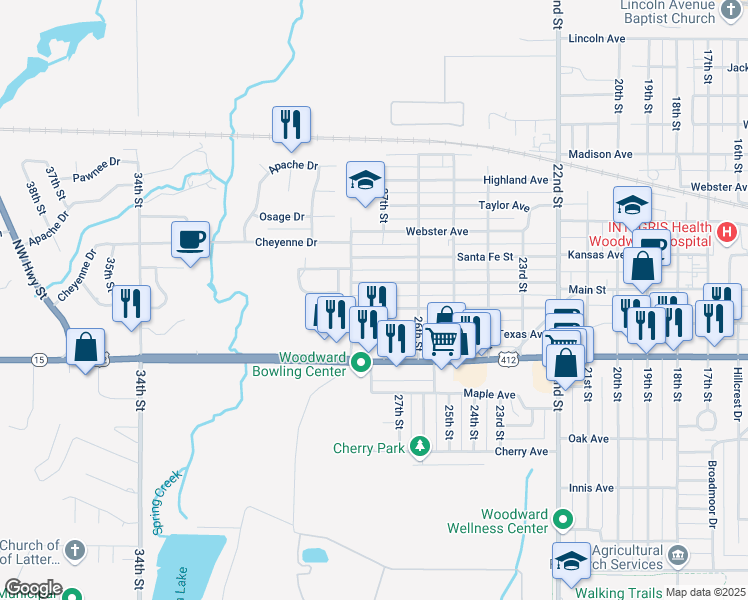 map of restaurants, bars, coffee shops, grocery stores, and more near 6131 Main Street in Woodward