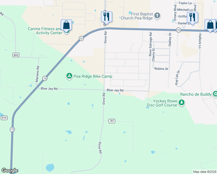 map of restaurants, bars, coffee shops, grocery stores, and more near 11001 Blue Jay Road in Pea Ridge