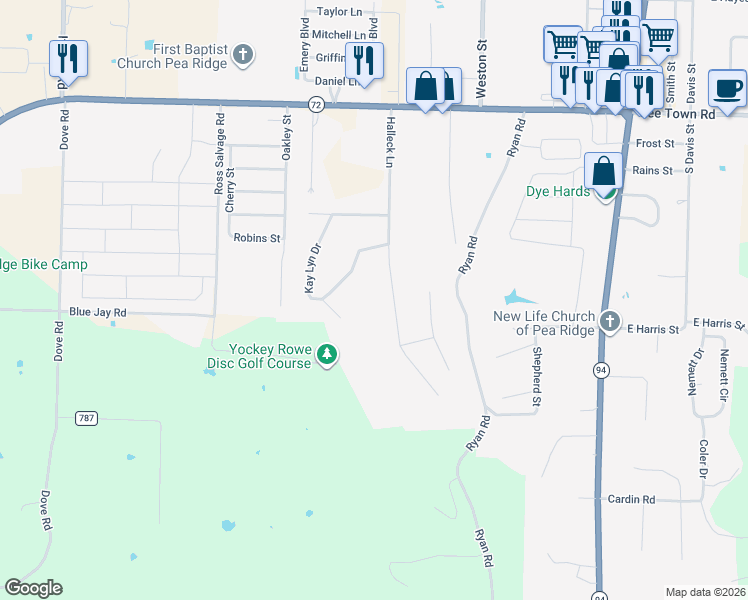 map of restaurants, bars, coffee shops, grocery stores, and more near 833 Hallack Ln in Pea Ridge