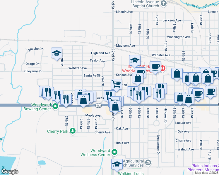 map of restaurants, bars, coffee shops, grocery stores, and more near 6131 Main Street in Woodward