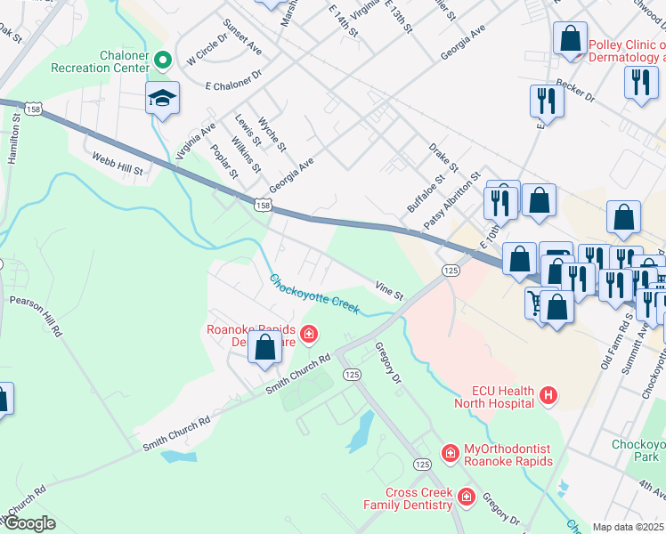 map of restaurants, bars, coffee shops, grocery stores, and more near 102 Duke Street in Roanoke Rapids