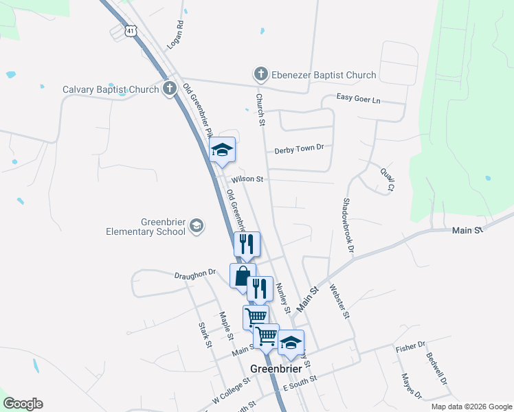 map of restaurants, bars, coffee shops, grocery stores, and more near 2613 Old State Highway 11 in Greenbrier