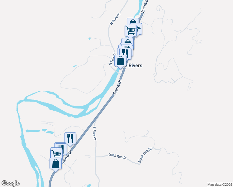 map of restaurants, bars, coffee shops, grocery stores, and more near 41466-41518 Sierra Dr in Three Rivers