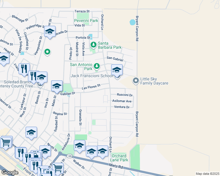 map of restaurants, bars, coffee shops, grocery stores, and more near Orchard Lane in Soledad