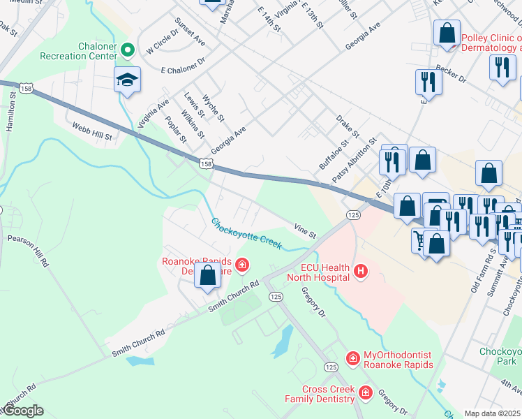 map of restaurants, bars, coffee shops, grocery stores, and more near 100 Duke Street in Roanoke Rapids