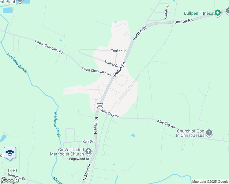 map of restaurants, bars, coffee shops, grocery stores, and more near 115 Lynn Drive in Roxboro