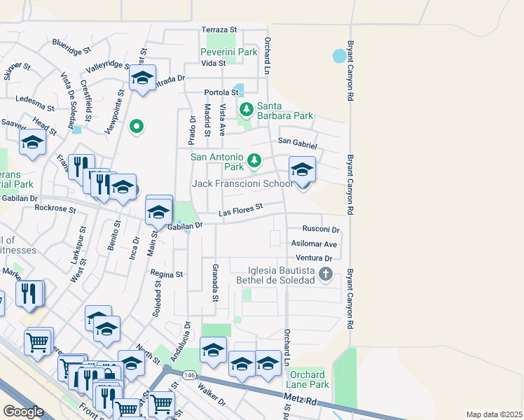 map of restaurants, bars, coffee shops, grocery stores, and more near 949 Las Flores Street in Soledad