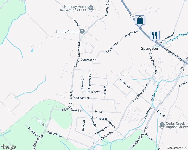 map of restaurants, bars, coffee shops, grocery stores, and more near 115 Grimm Road in Kingsport