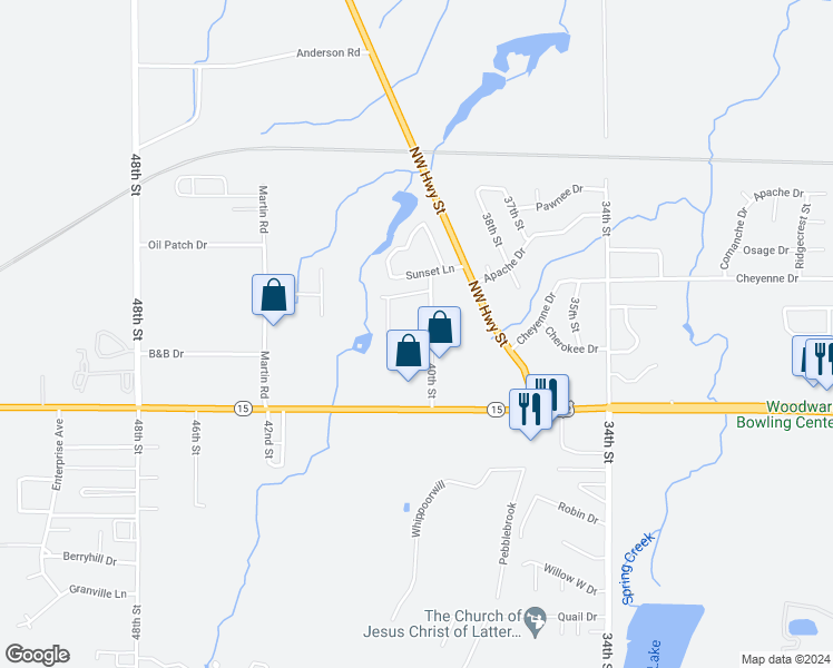 map of restaurants, bars, coffee shops, grocery stores, and more near 1010 40th Street in Woodward