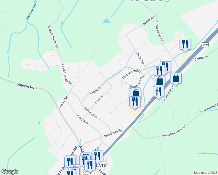 map of restaurants, bars, coffee shops, grocery stores, and more near 249 Lisa Ln in Piney Flats