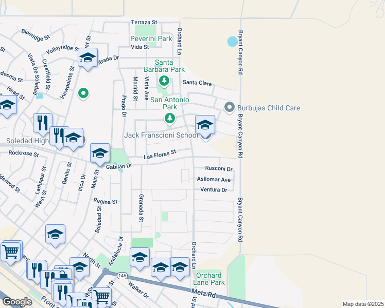 map of restaurants, bars, coffee shops, grocery stores, and more near Orchard Lane in Soledad