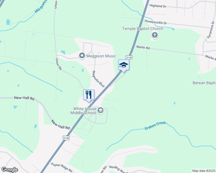 map of restaurants, bars, coffee shops, grocery stores, and more near 2020 Old Highway 31 in White House