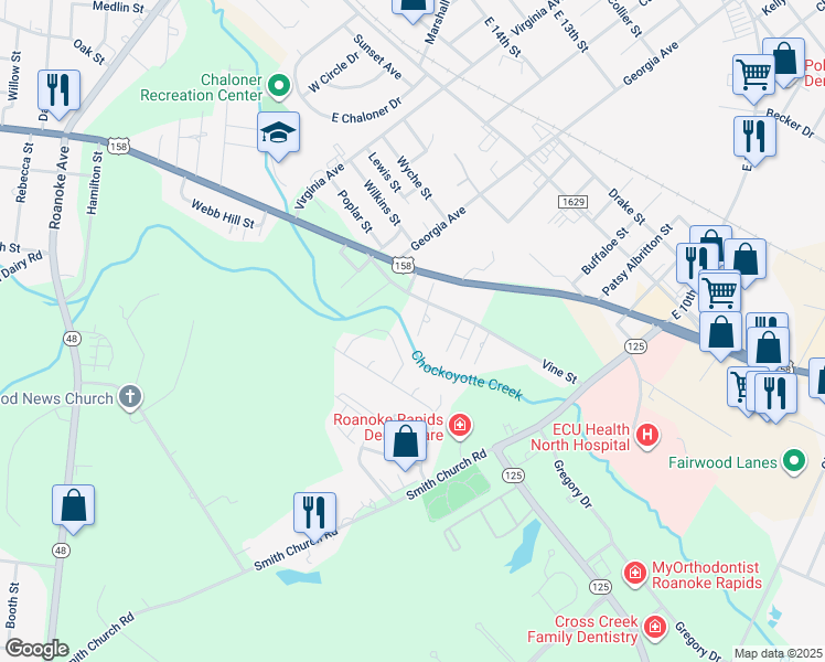 map of restaurants, bars, coffee shops, grocery stores, and more near King Street in Roanoke Rapids