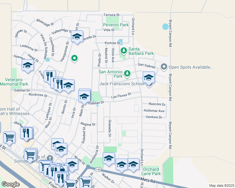 map of restaurants, bars, coffee shops, grocery stores, and more near 972 San Miguel in Soledad