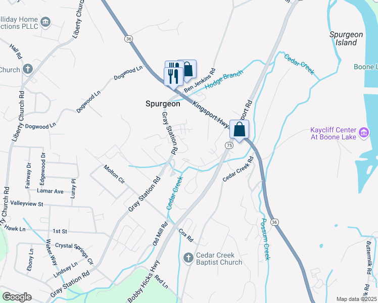 map of restaurants, bars, coffee shops, grocery stores, and more near 176 Gray Station Road in Johnson City