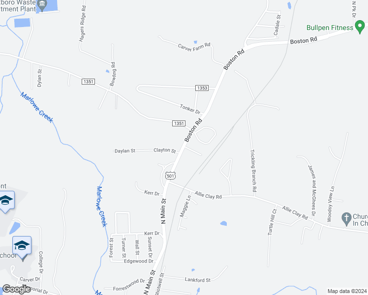 map of restaurants, bars, coffee shops, grocery stores, and more near 121 Lynn Drive in Roxboro
