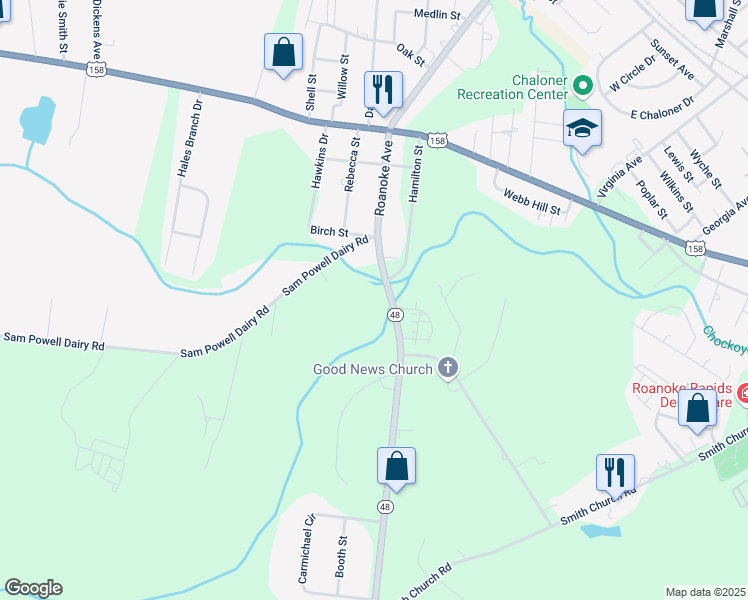 map of restaurants, bars, coffee shops, grocery stores, and more near 398 North Carolina 48 in Roanoke Rapids