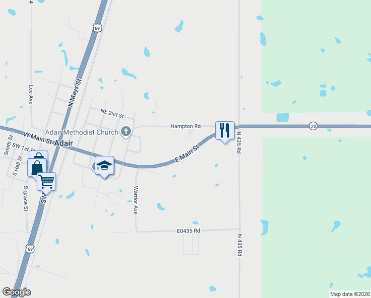 map of restaurants, bars, coffee shops, grocery stores, and more near 530 East Main Street in Adair
