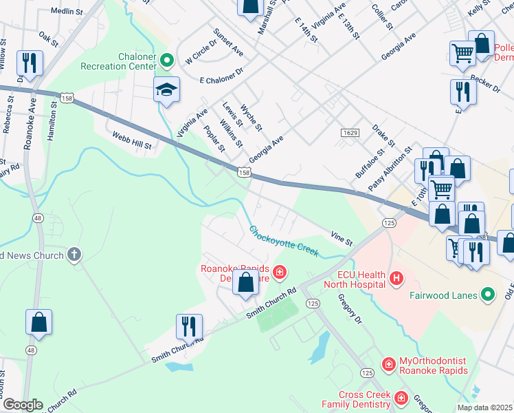 map of restaurants, bars, coffee shops, grocery stores, and more near King Street in Roanoke Rapids