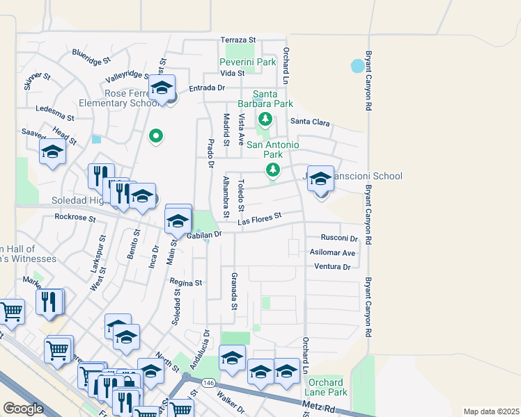 map of restaurants, bars, coffee shops, grocery stores, and more near 972 San Miguel in Soledad