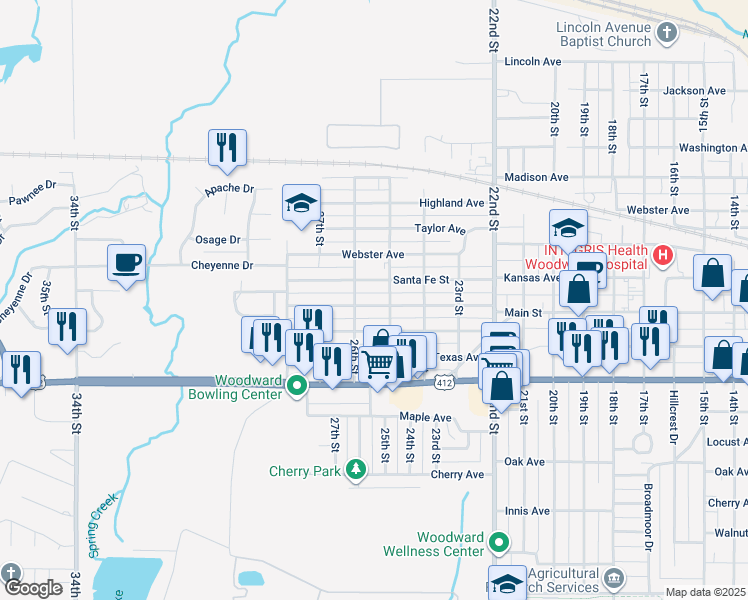 map of restaurants, bars, coffee shops, grocery stores, and more near 2514 Kansas Avenue in Woodward