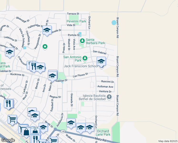 map of restaurants, bars, coffee shops, grocery stores, and more near 949 Las Flores Street in Soledad