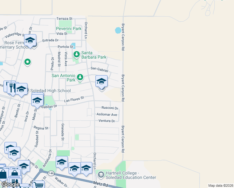 map of restaurants, bars, coffee shops, grocery stores, and more near 1303 San Antonio Street in Soledad